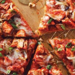 Butter Chicken Pizza with Basil Red Sauce, Chicken, Butter Sauce , Red Onion, Tomato Cheese